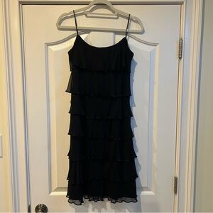 Marina Black Tiered Mini Dress trimmed with beads. Size 4